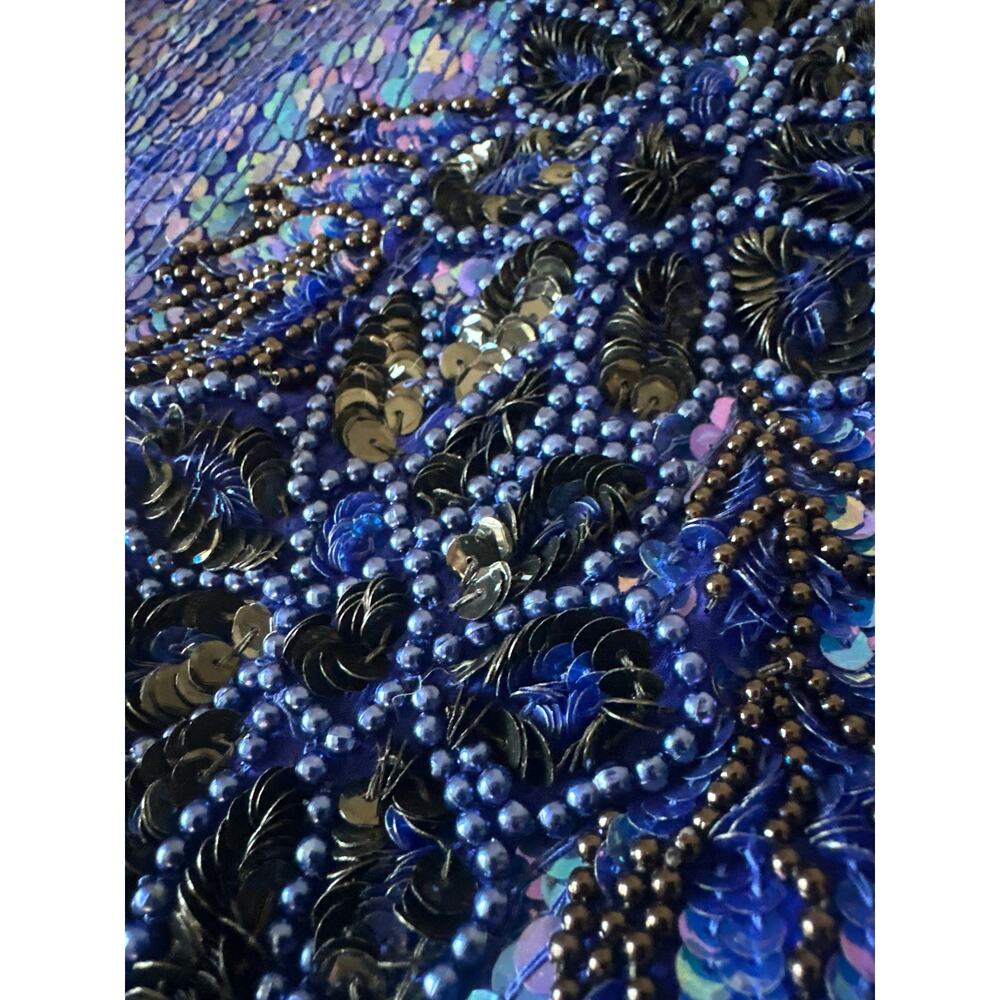 Stenay Cobalt Blue Hand-Beaded Silk Top - Sequin Vintage Glam - Handmade - XL - Picture 5 of 16